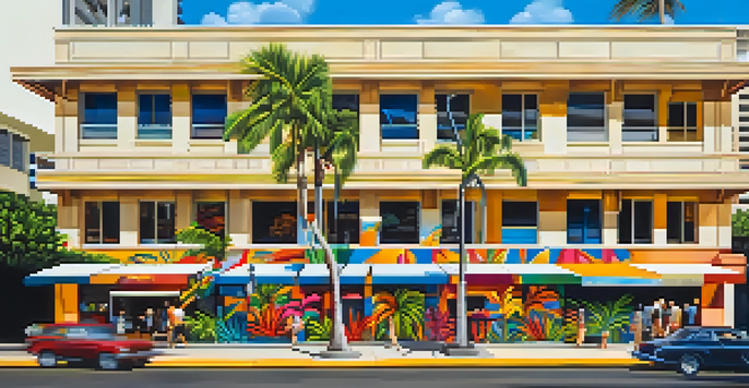 A colorful mural in Kaka'ako, Honolulu, depicting Hawaiian culture with people walking by and palm trees.