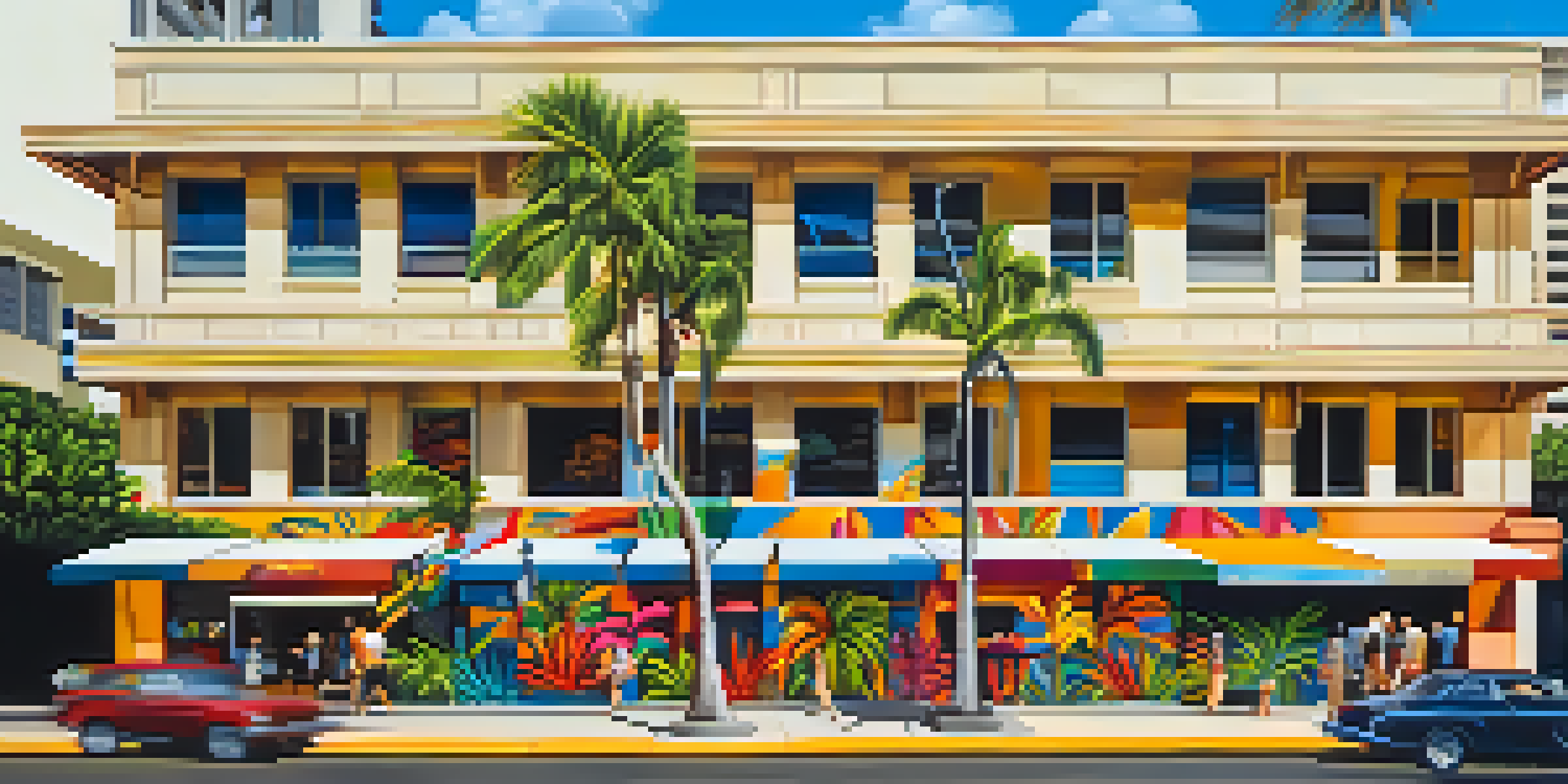 A colorful mural in Kaka'ako, Honolulu, depicting Hawaiian culture with people walking by and palm trees.