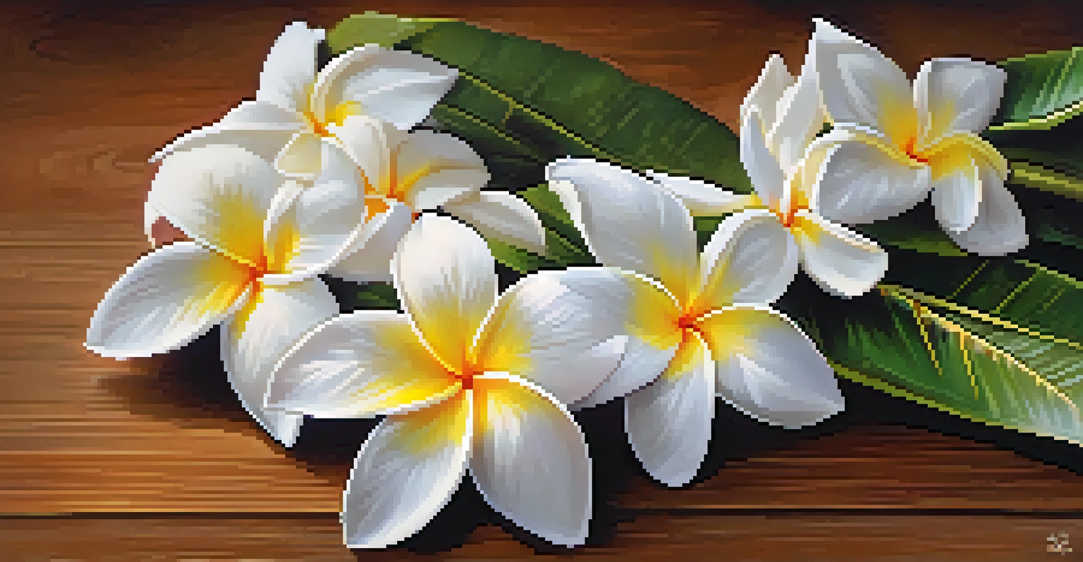 A close-up of a plumeria and maile lei on a wooden surface, showcasing the intricate details and craftsmanship of lei making.