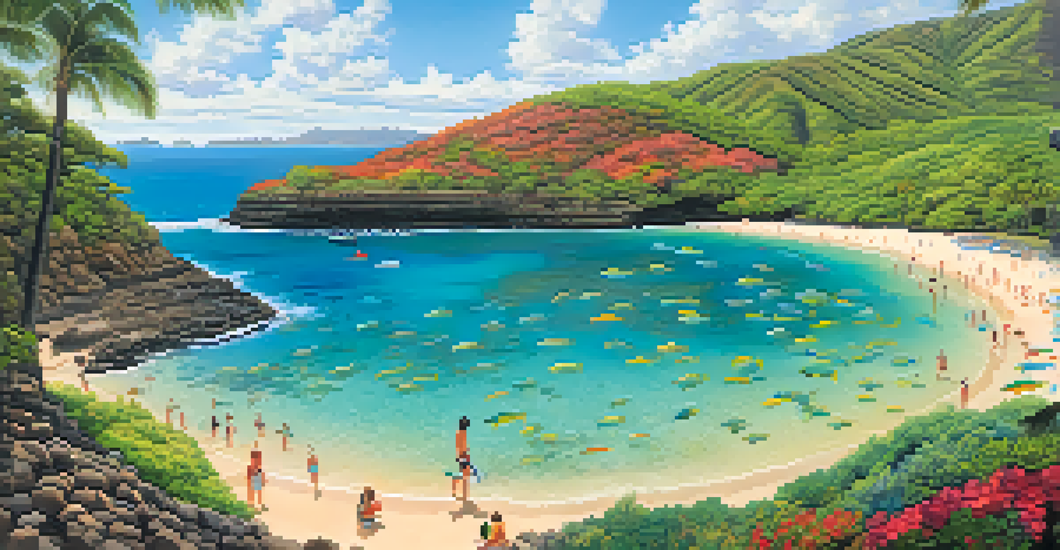 Families snorkeling in the clear waters of Hanauma Bay State Park, with colorful fish and coral visible.