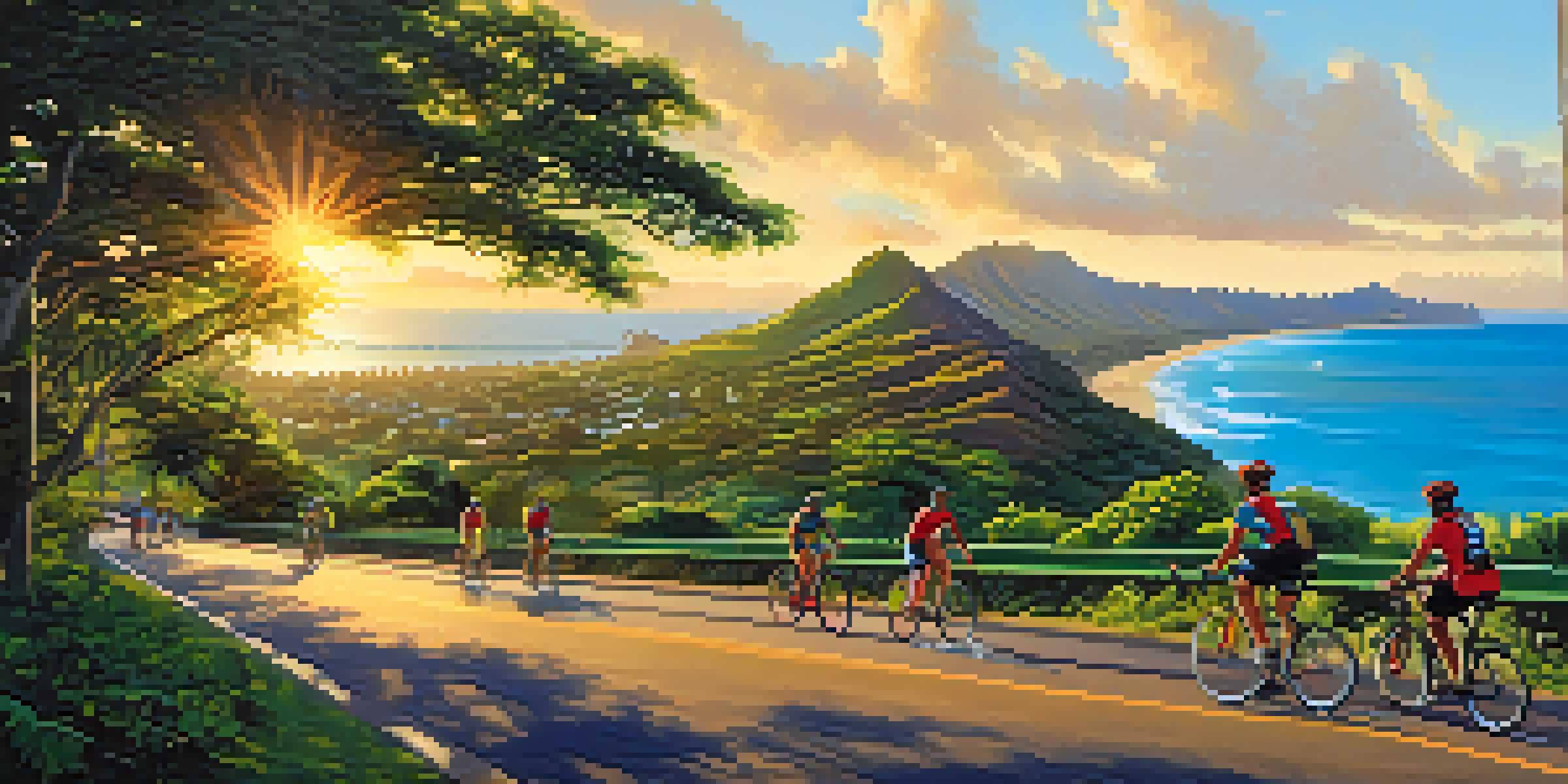 A picturesque scene of cyclists on the Diamond Head Loop in Honolulu, with a blue ocean and green hills under a warm sunset.