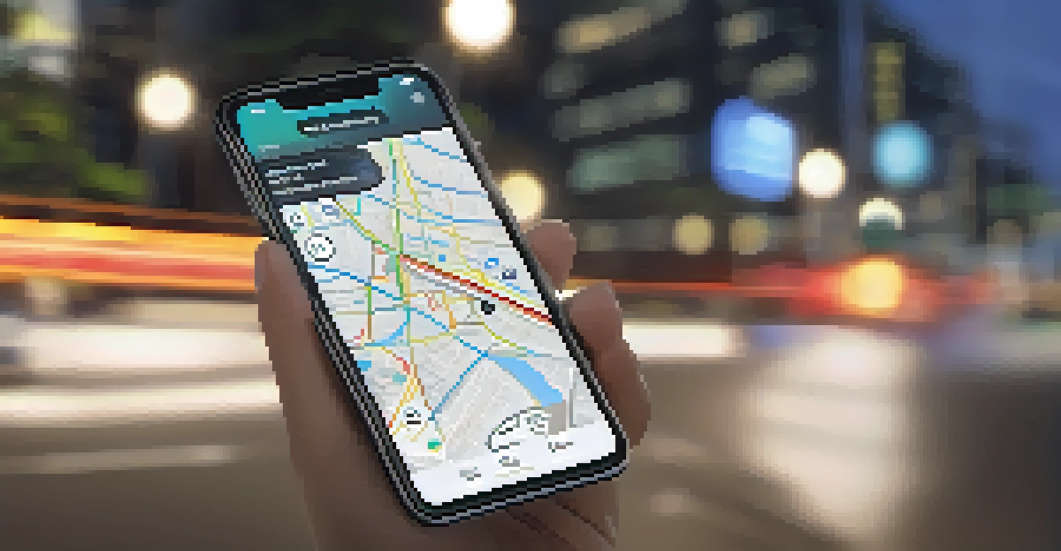 A smartphone showing a ride-sharing app with a map of Honolulu, set against a blurred city street at night.