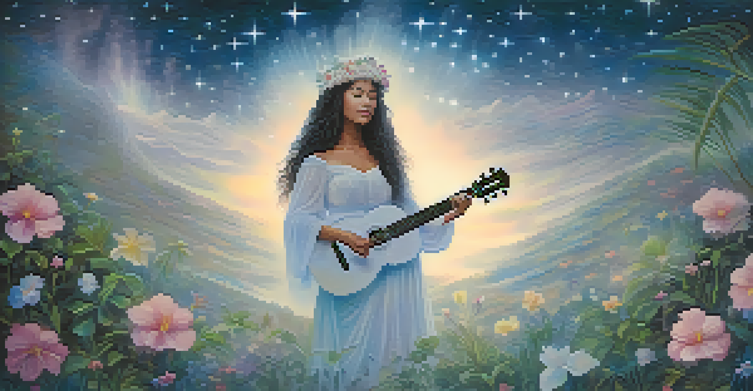 An ethereal depiction of Princess Ka’iulani's ghost in a misty landscape filled with flowers and musical notes.