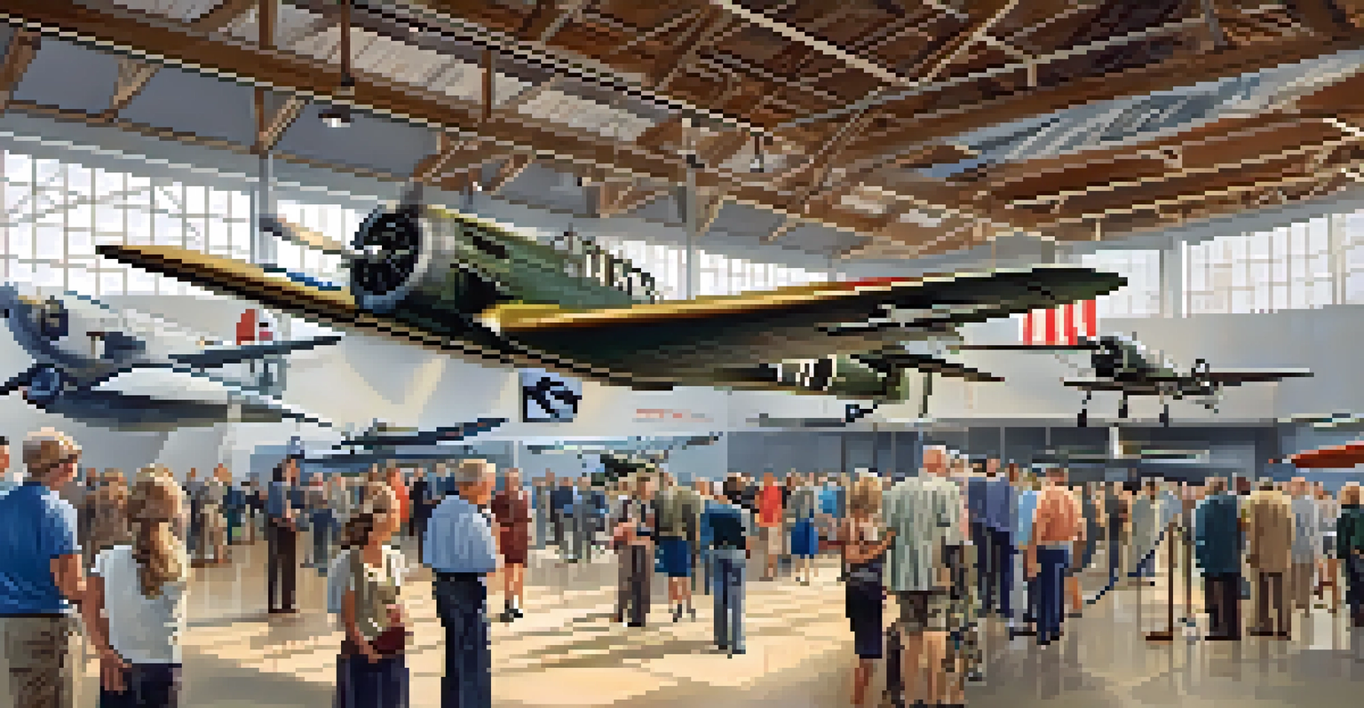 Visitors inside the Pacific Aviation Museum, observing restored aircraft and historical exhibits.