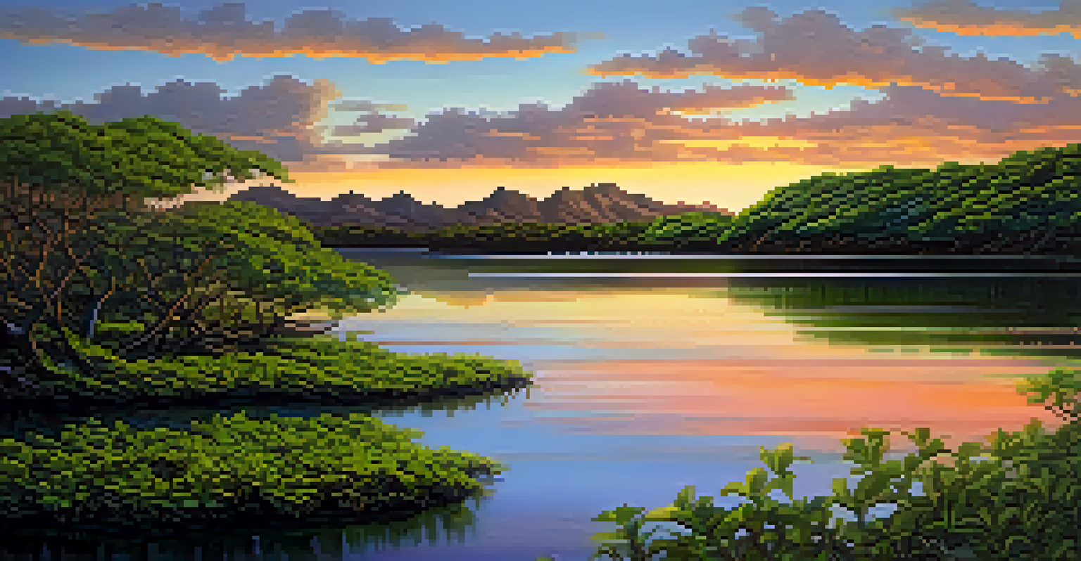 A serene coastal landscape in Honolulu at sunset, with mangroves and wetlands illuminated by warm colors.