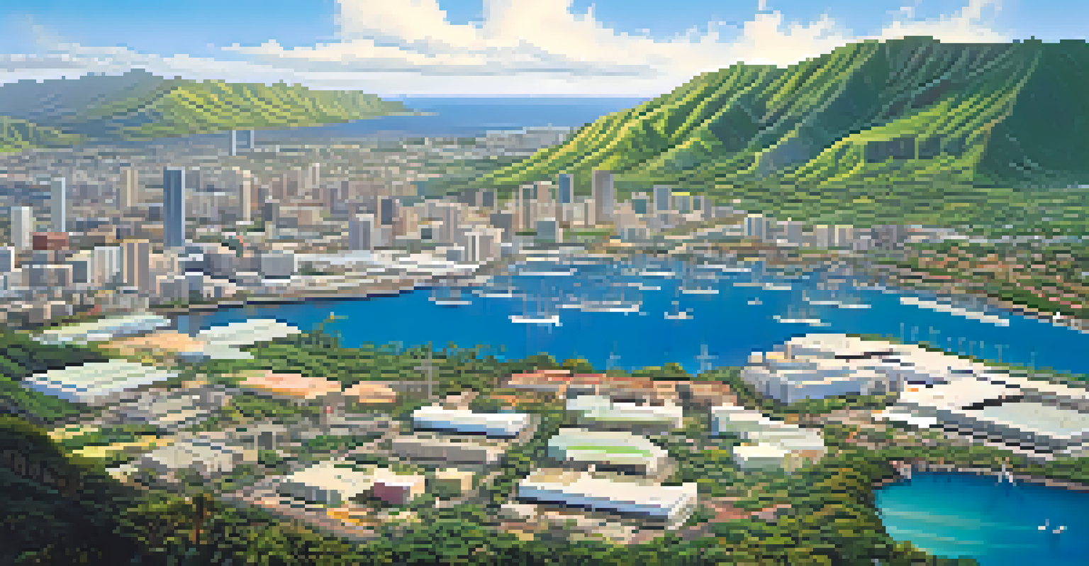 An aerial view of post-war Honolulu, showing military bases and urban development with lush greenery.