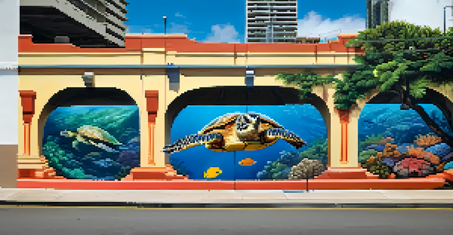 A colorful mural in Honolulu illustrating Hawaiian marine life and environmental threats, with people stopping to take photos and discuss conservation.