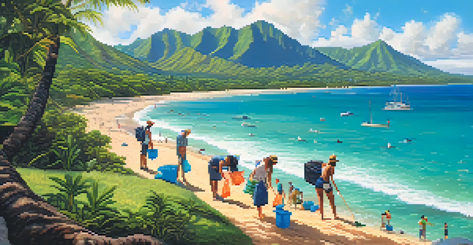 A beach cleanup event in Honolulu with volunteers collecting litter against a stunning coastal backdrop.