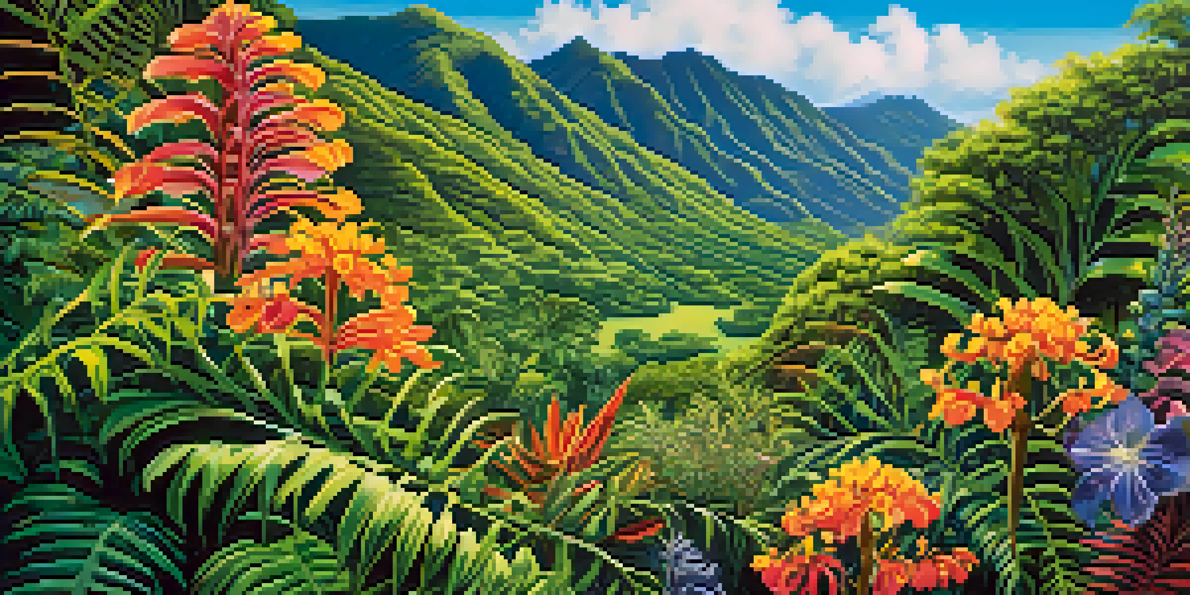 A colorful landscape featuring native Hawaiian plants like ferns and flowers, with volcanic mountains in the background and sunlight filtering through the leaves.