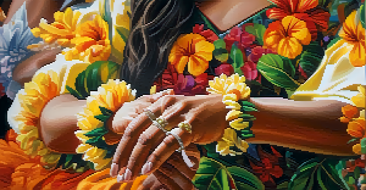 Close-up of a hula dancer's hands adorned with floral bracelets, performing intricate gestures with a blurred background.