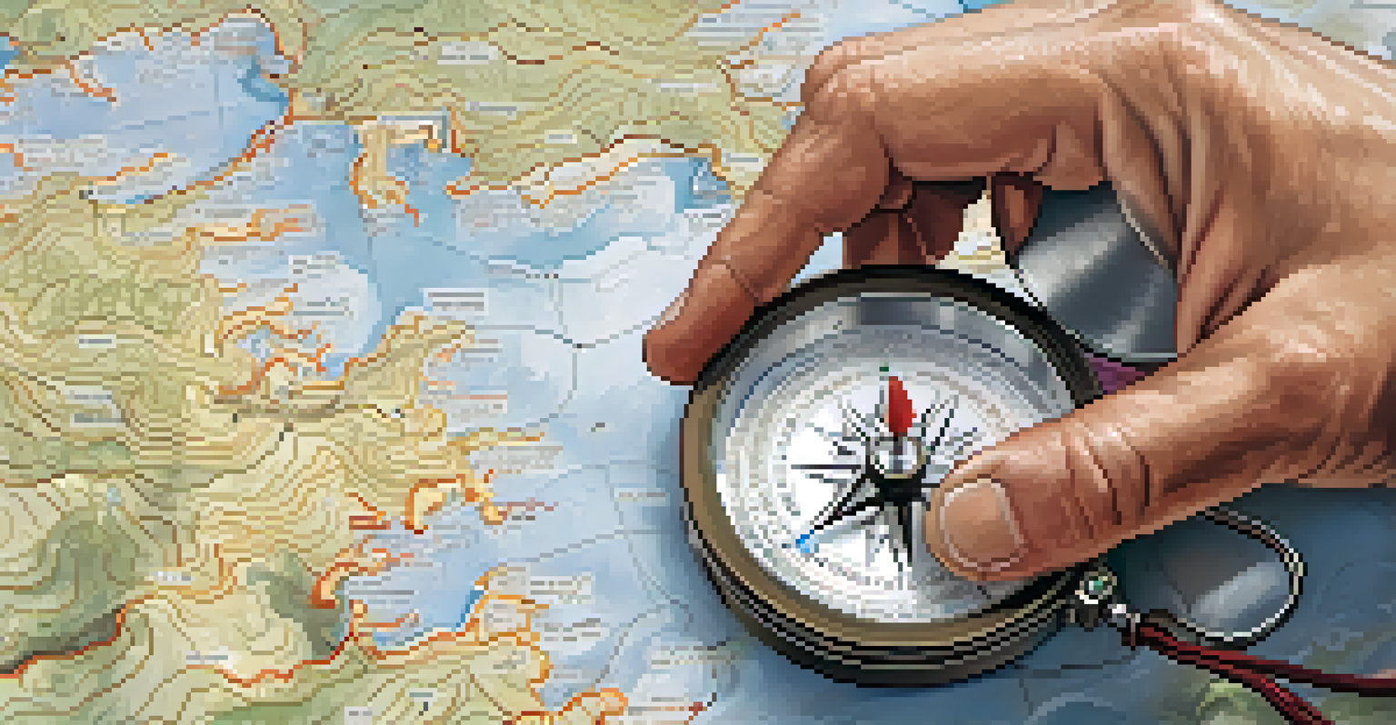 A hiker's hand holding a compass and weather report over a map, with cloudy mountain terrain in the background, highlighting hiking safety.