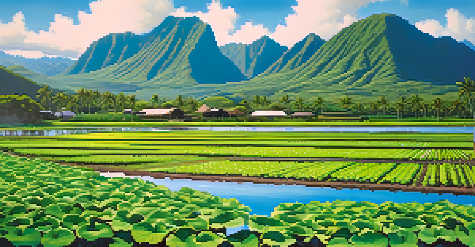 A traditional taro farm with green plants and a pond, set against a backdrop of mountains and a blue sky.