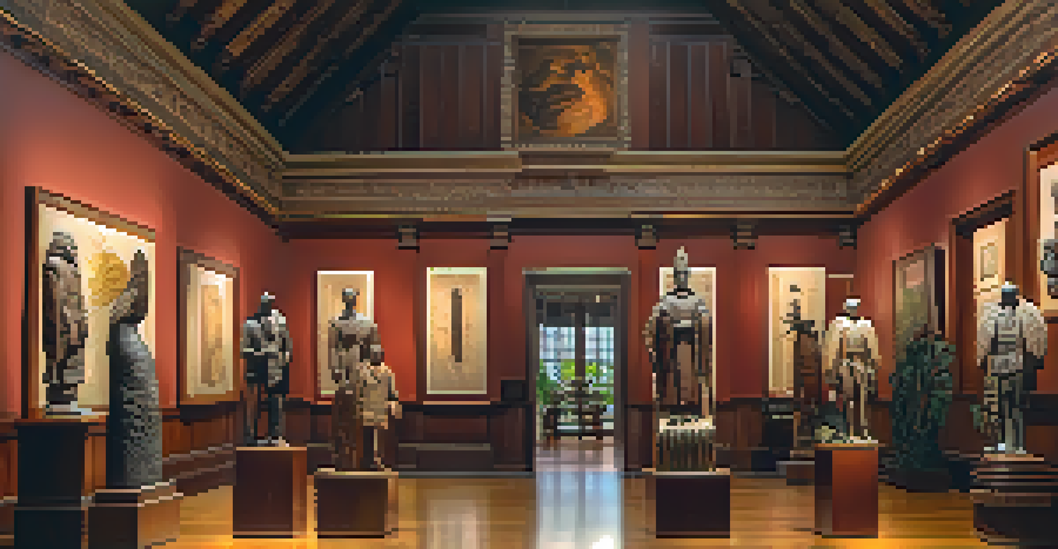 Interior view of the Hawaiian Hall displaying feather capes and wooden statues with soft focused lighting.