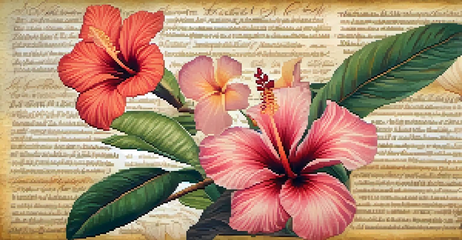 An artistic display of Hawaiian language on parchment, adorned with illustrations of native flowers.