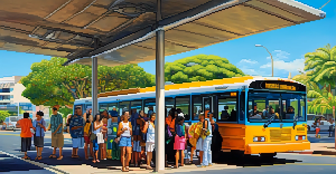 A busy bus stop in Honolulu with a diverse group of passengers waiting for the bus under a bright blue sky.