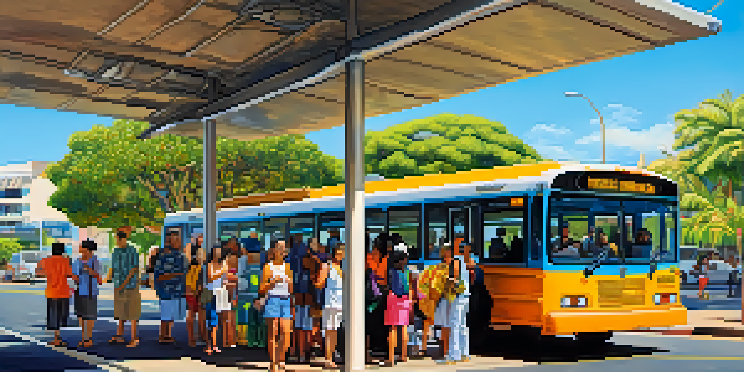 A busy bus stop in Honolulu with a diverse group of passengers waiting for the bus under a bright blue sky.