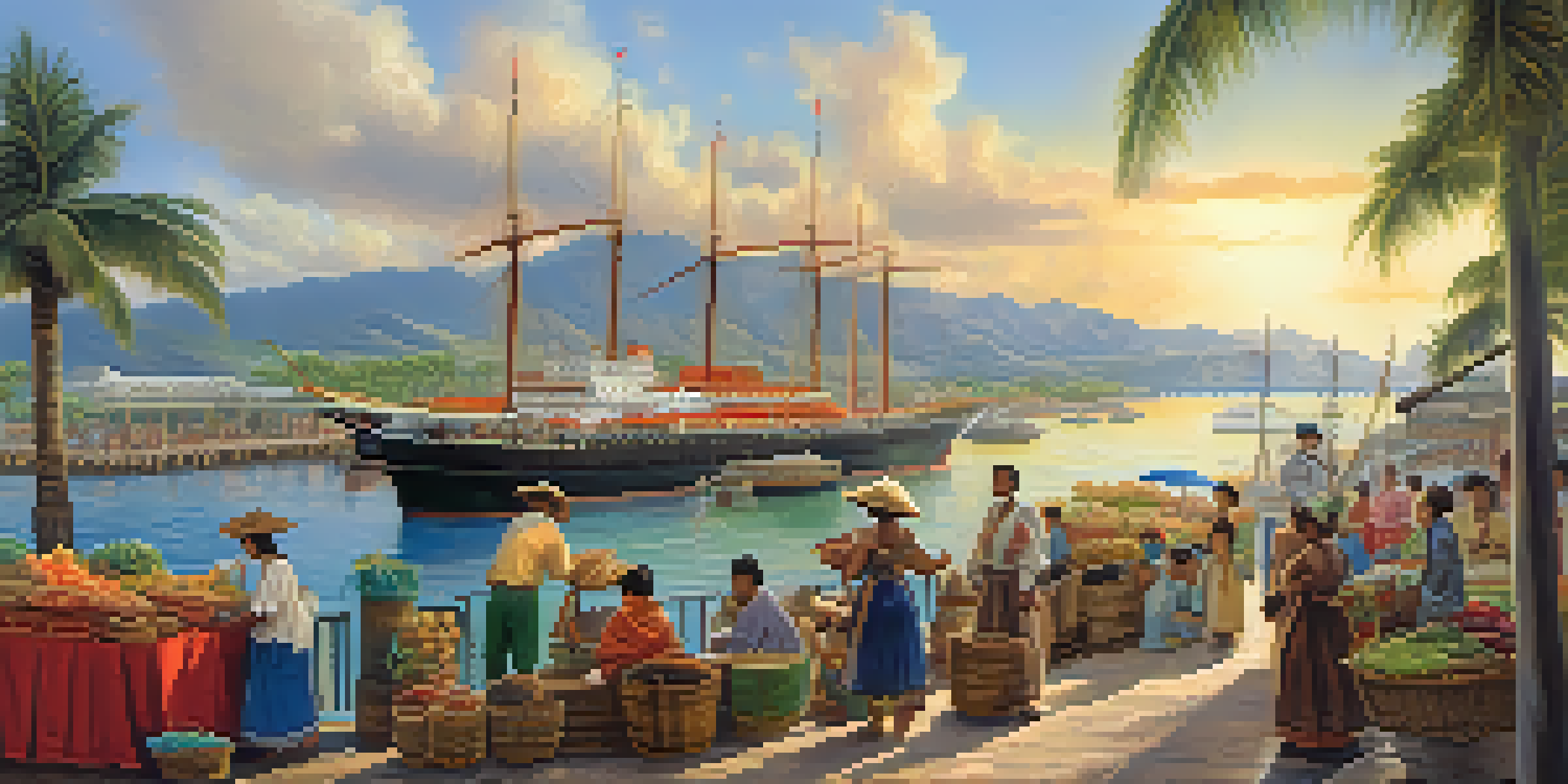 A lively harbor in historic Honolulu with ships, local vendors, and diverse cultural representations.
