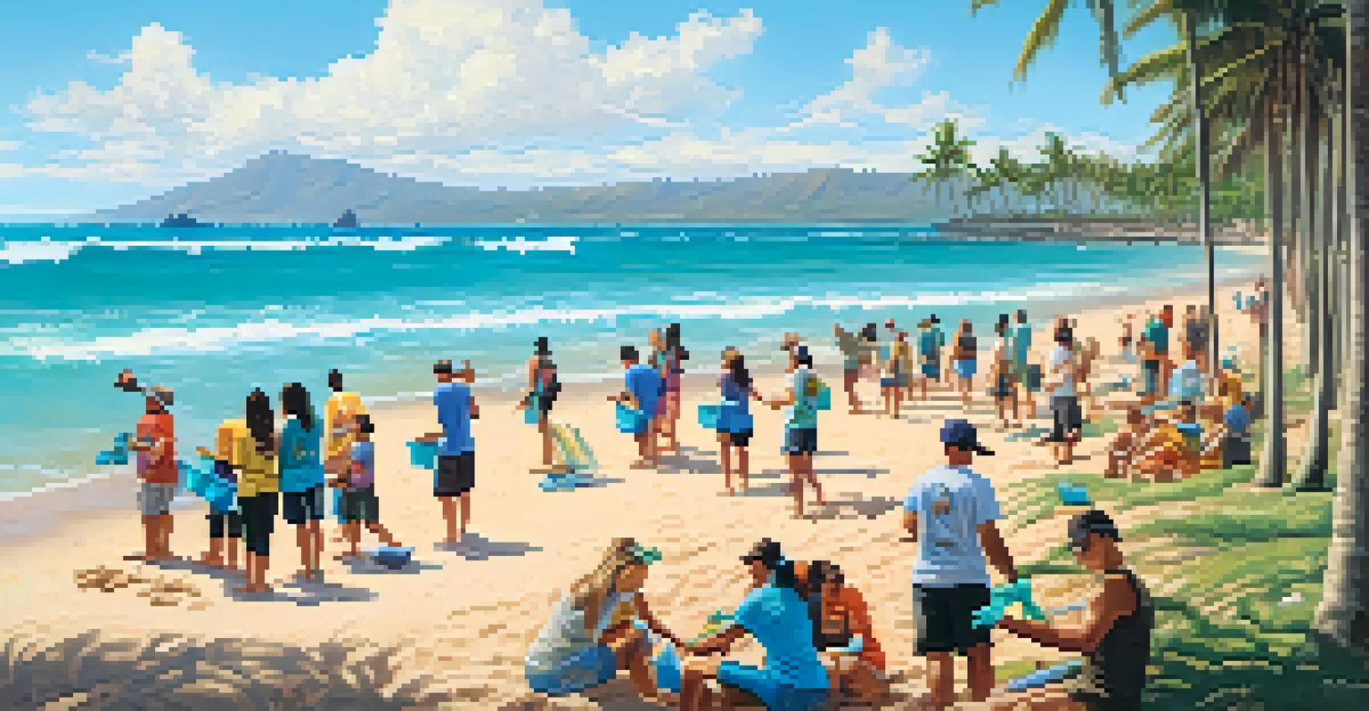 Volunteers participating in a beach clean-up in Honolulu, with the ocean and palm trees in the background.