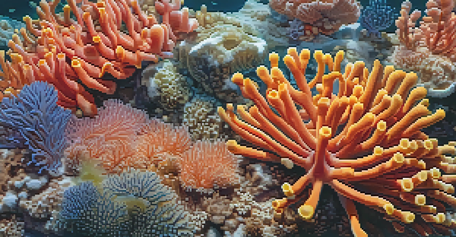 A close-up view of coral polyps with vibrant colors and textures, surrounded by small marine life in a peaceful underwater setting.