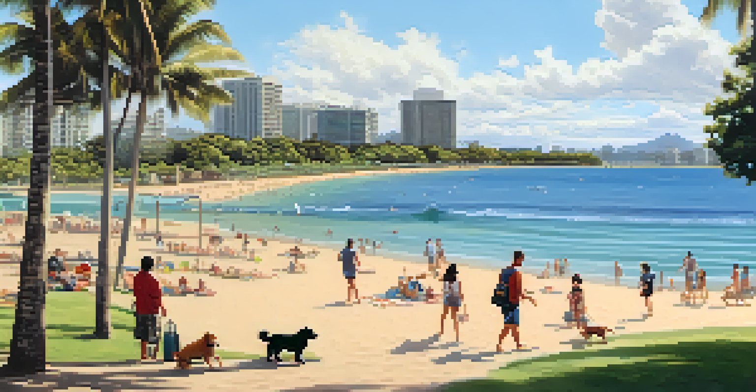 A sandy beach with a dog, families picnicking, and ocean waves.