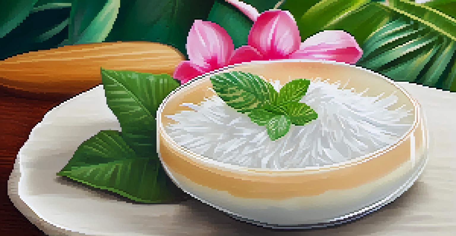 A close-up of haupia dessert with coconut flakes and mint, surrounded by tropical flowers.