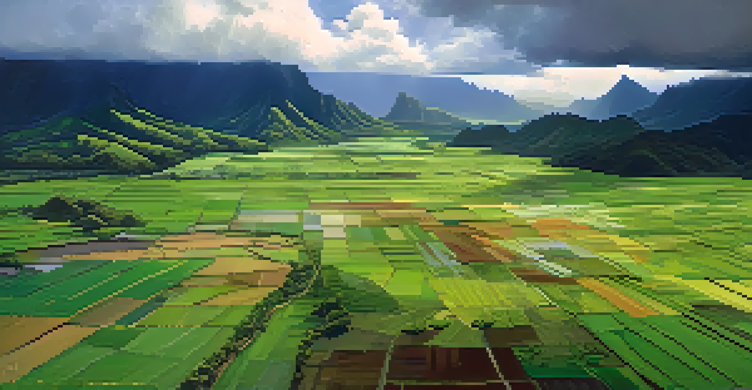 An aerial view of green agricultural fields in Hawaii with standing water and a rainbow, indicating rainfall.