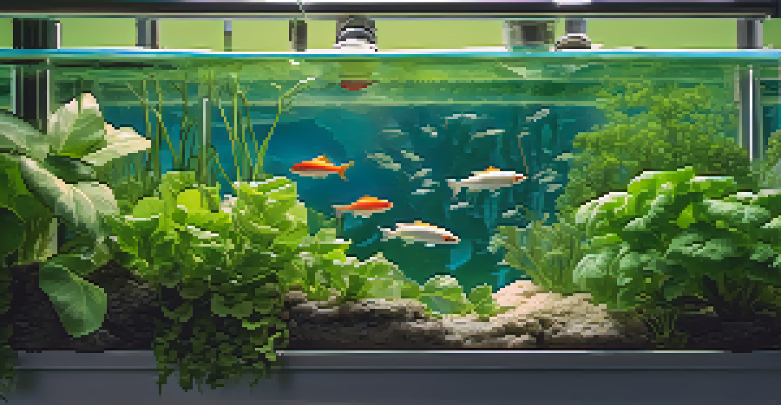 Close-up of an aquaponics system showing roots of greens in water with fish swimming around, under soft lighting.