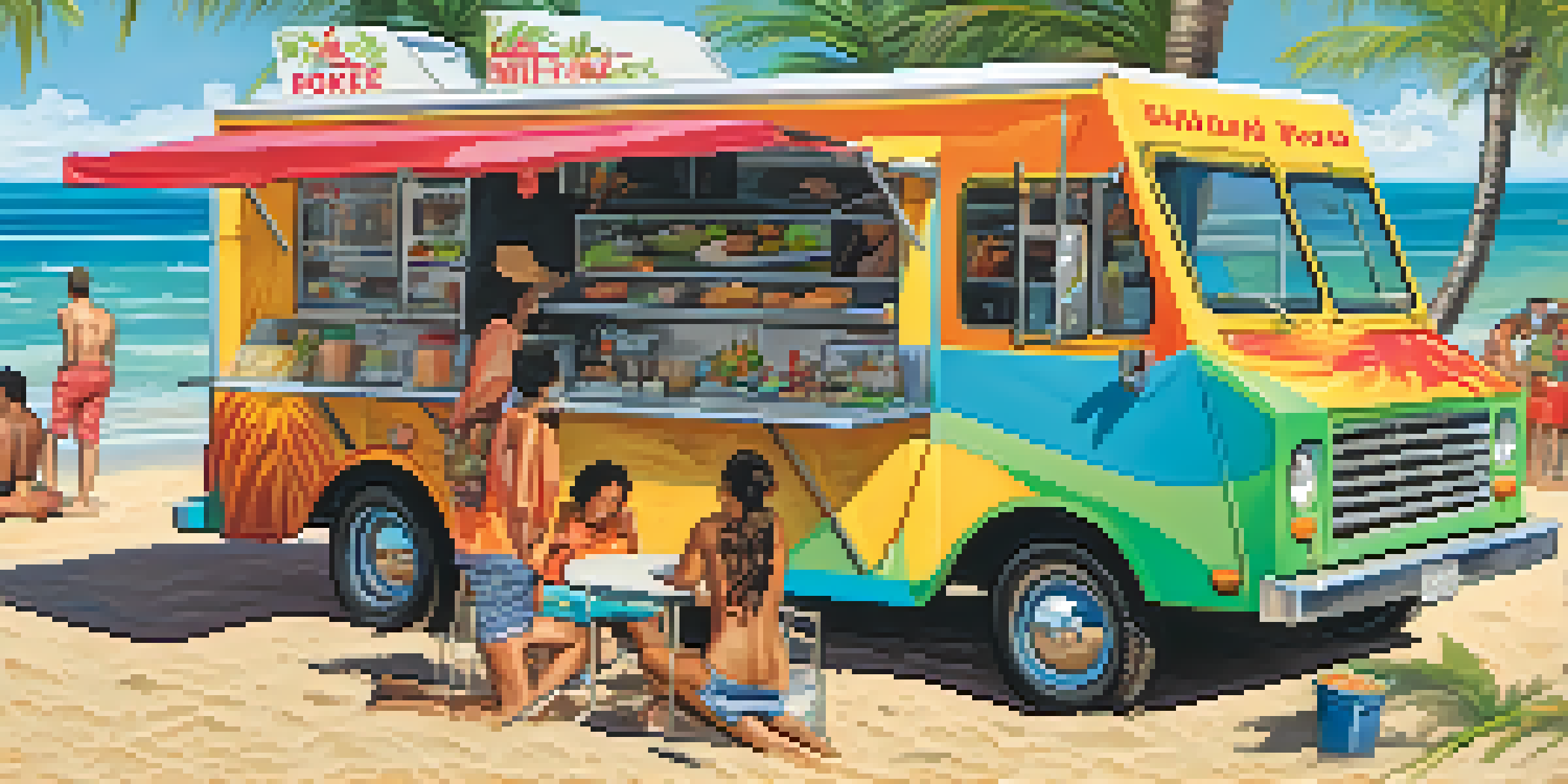 A colorful Hawaiian food truck near the beach with people enjoying food and palm trees in the background.