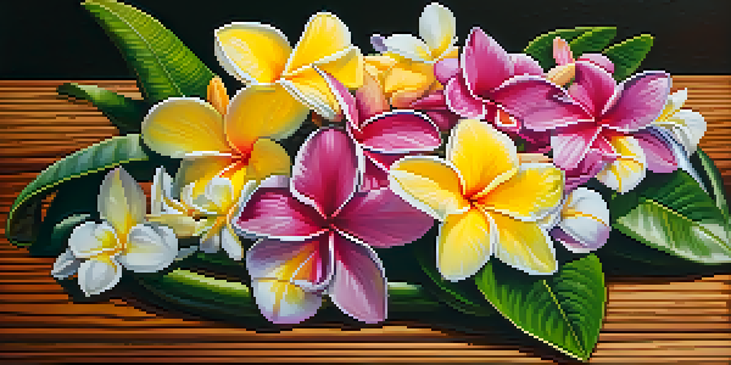 A colorful Hawaiian lei made of plumeria and orchids on a wooden table, with soft natural lighting and a blurred tropical garden in the background.
