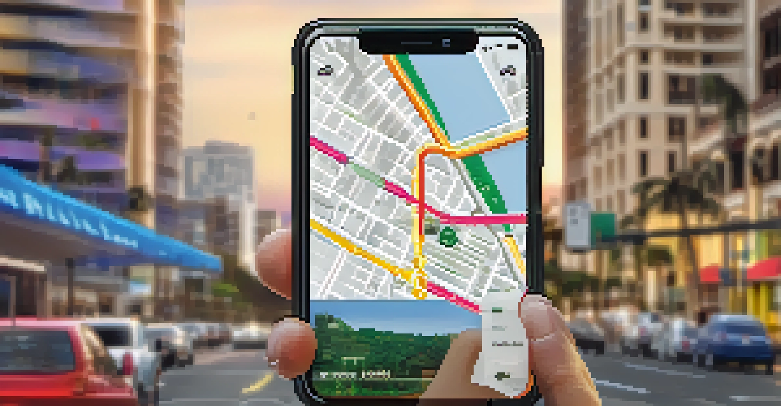 A smartphone showing a navigation app with a map of Honolulu, surrounded by the city's lively atmosphere.