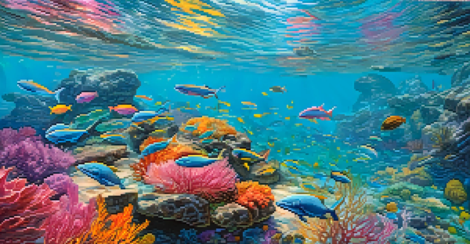 An underwater scene in Honolulu with a coral reef, colorful fish, sunlight filtering through the water, and a Hawaiian monk seal resting on a rock.