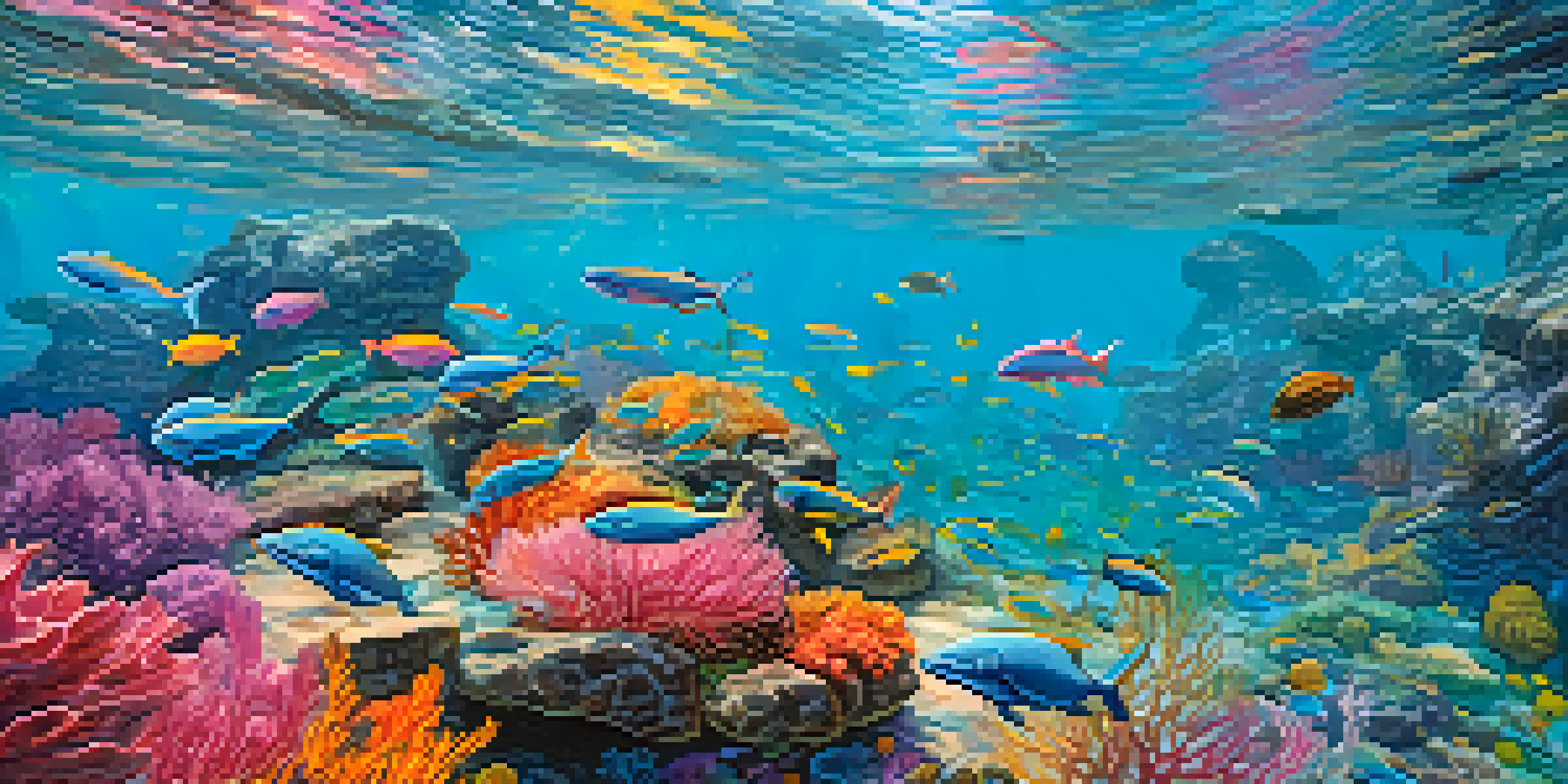 An underwater scene in Honolulu with a coral reef, colorful fish, sunlight filtering through the water, and a Hawaiian monk seal resting on a rock.
