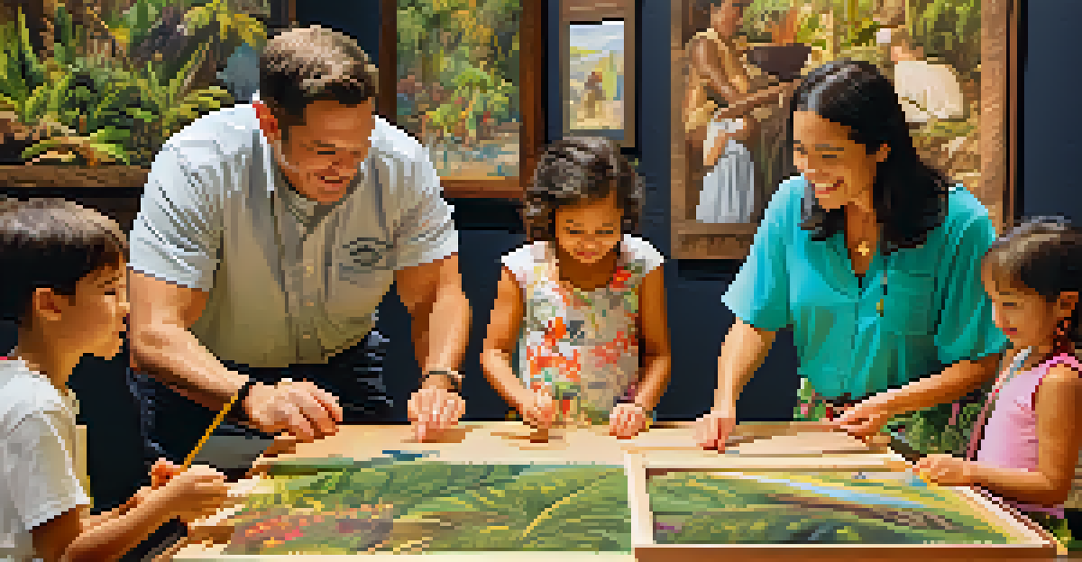 A family participating in a hands-on workshop at the Bishop Museum, surrounded by interactive displays.