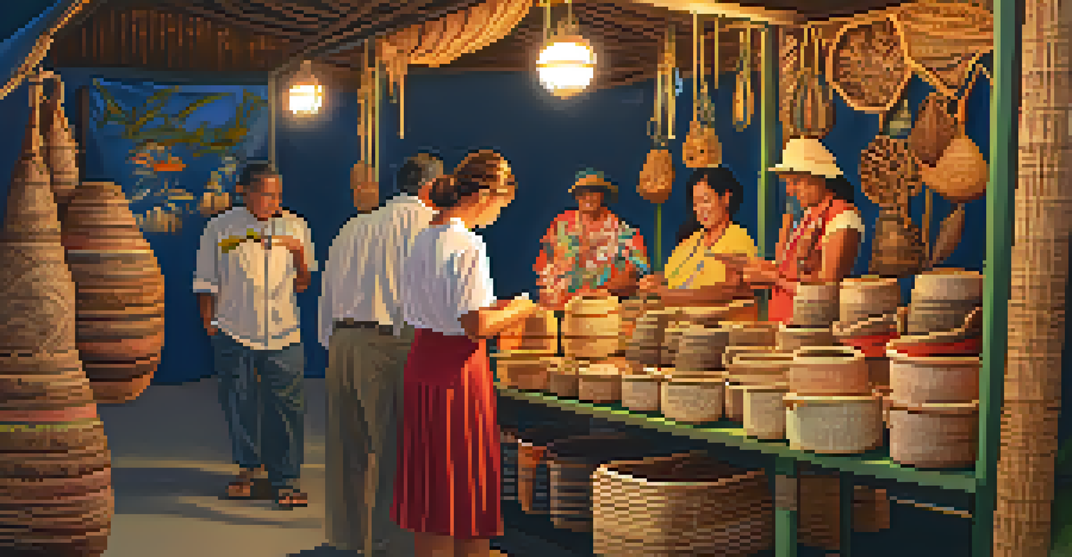 A vibrant artisan craft booth displaying handmade Hawaiian crafts, including woven baskets and shell jewelry, with artisans engaging with festival attendees.
