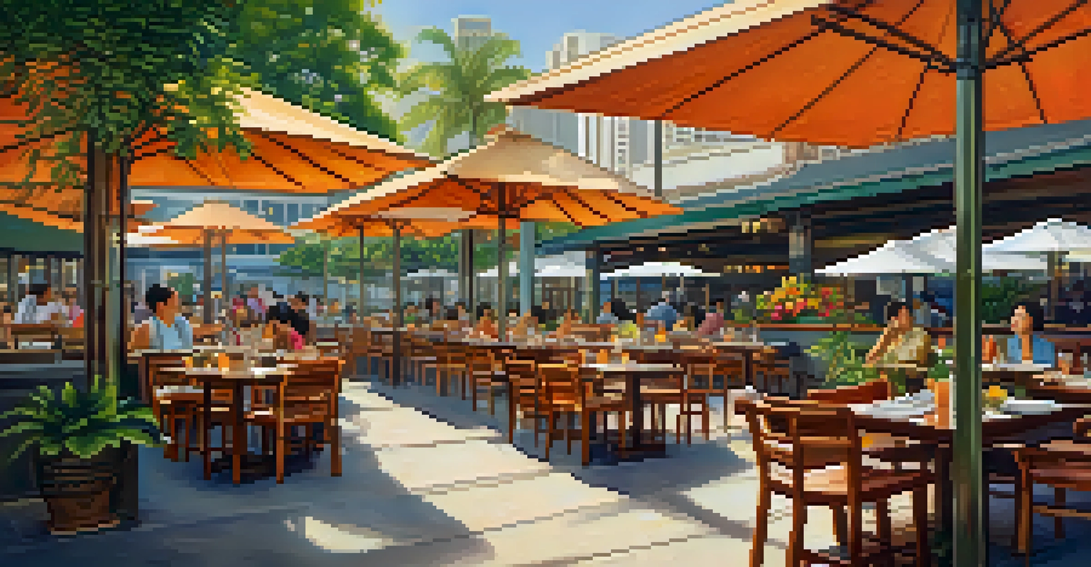 A vibrant outdoor dining area in Chinatown, showcasing accessible seating and delicious Hawaiian and international dishes.
