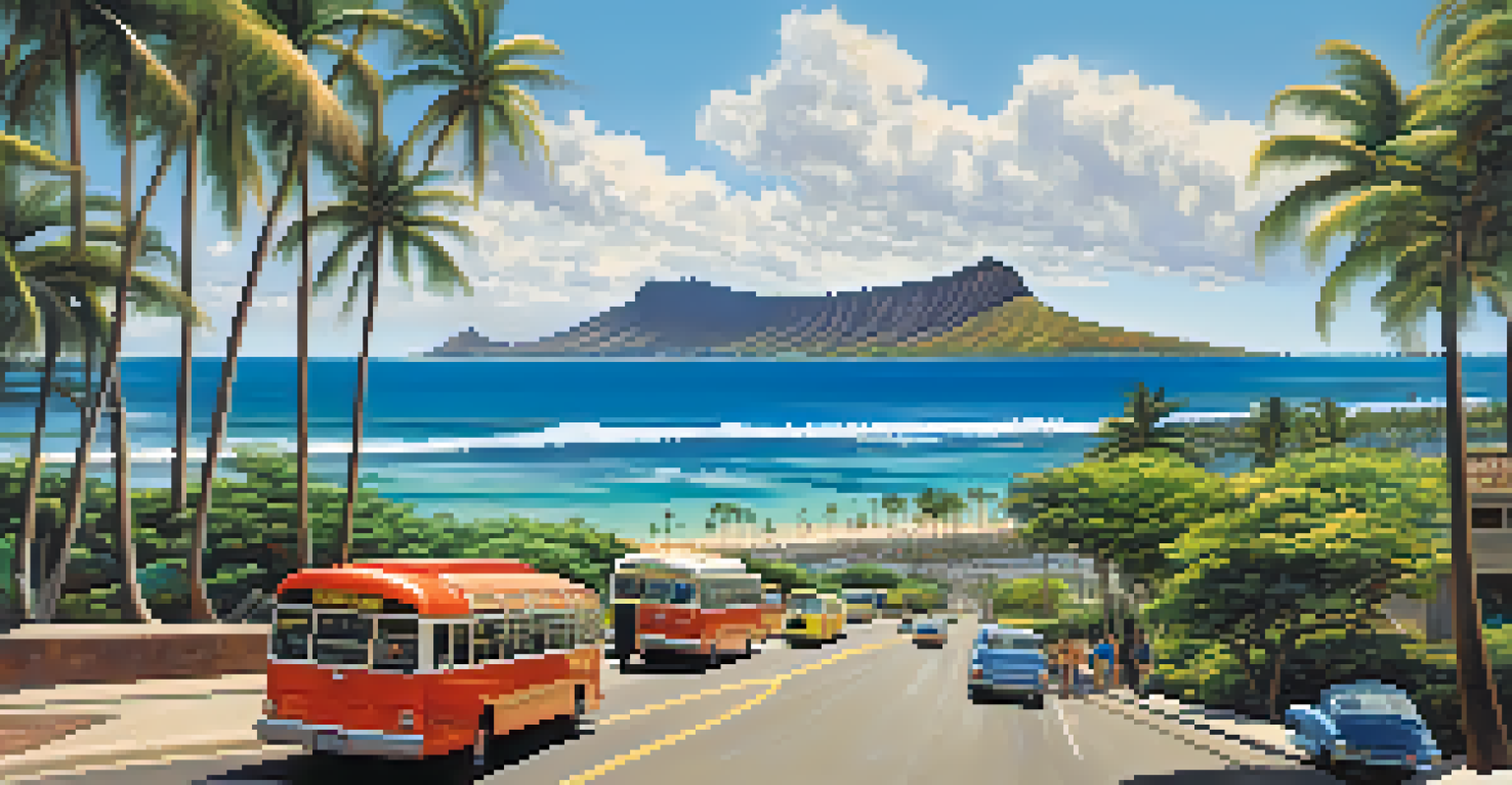 A panoramic view of TheBus on Route 20 with Waikiki Beach and surfers in the background, featuring Diamond Head in the distance under a sunny sky.