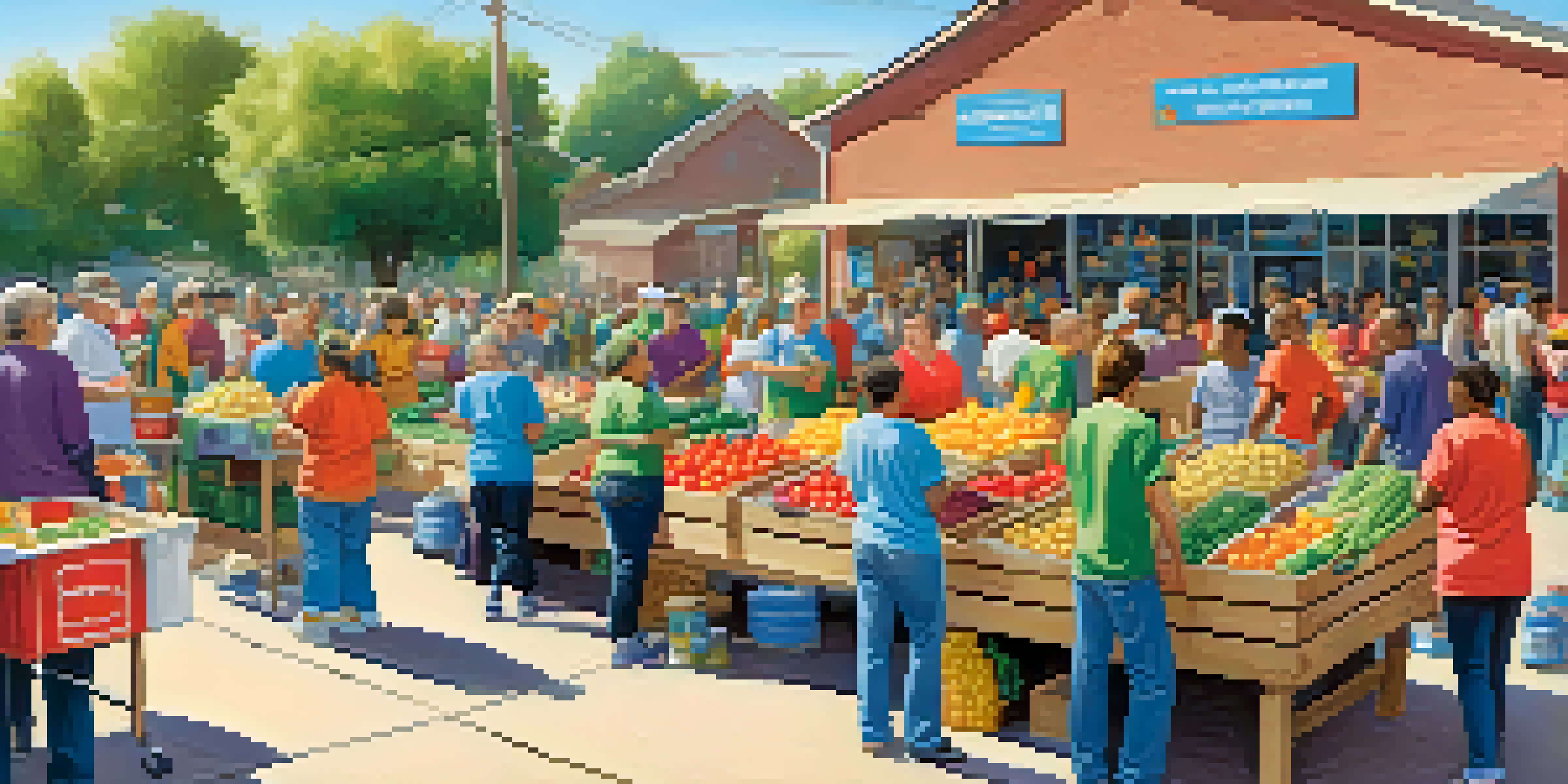 Volunteers packing colorful boxes of food at a community food drive under a bright blue sky.