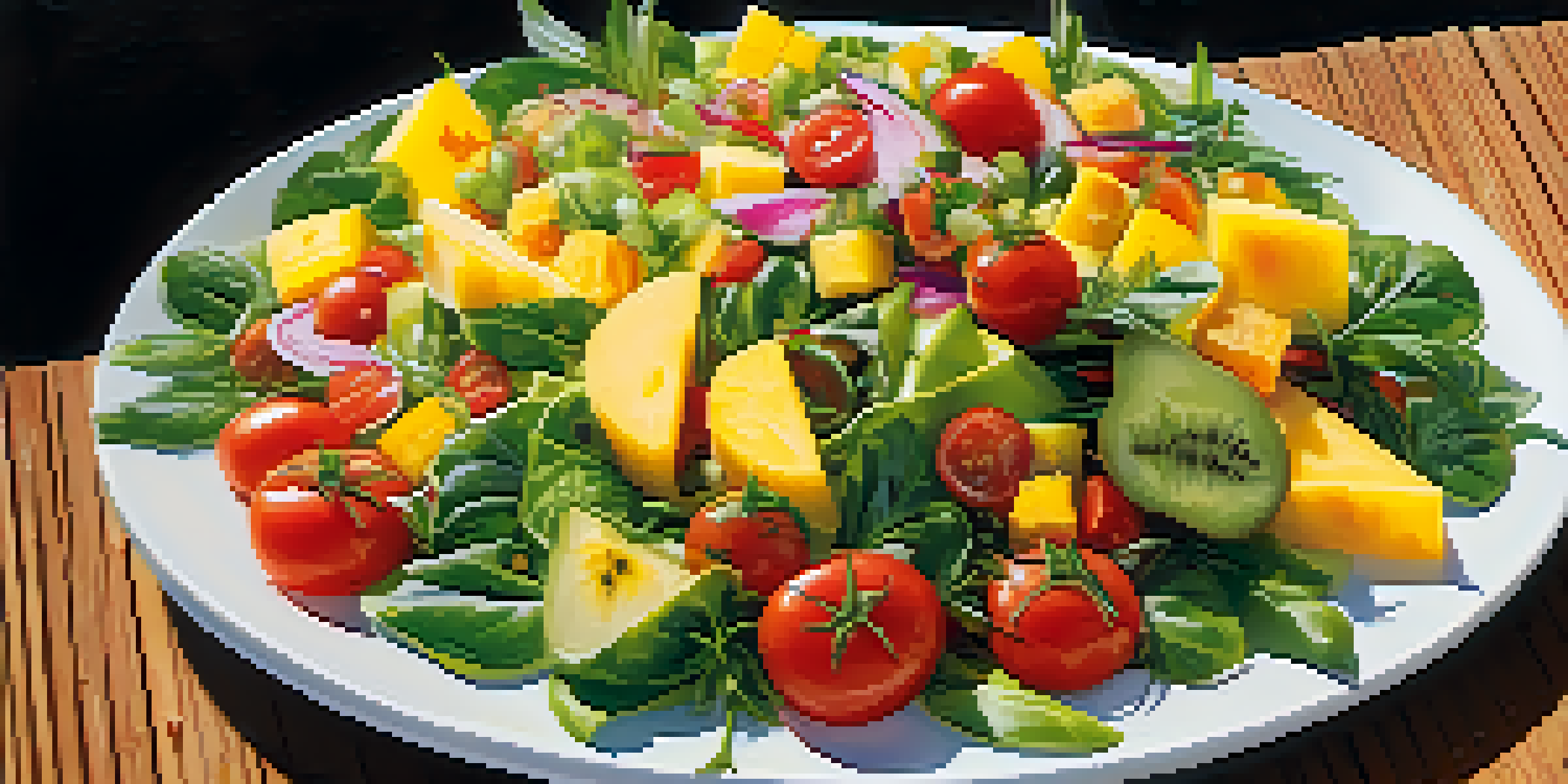 A colorful Aloha salad made with fresh greens, tomatoes, and tropical fruits, arranged on a wooden platter under warm sunlight.