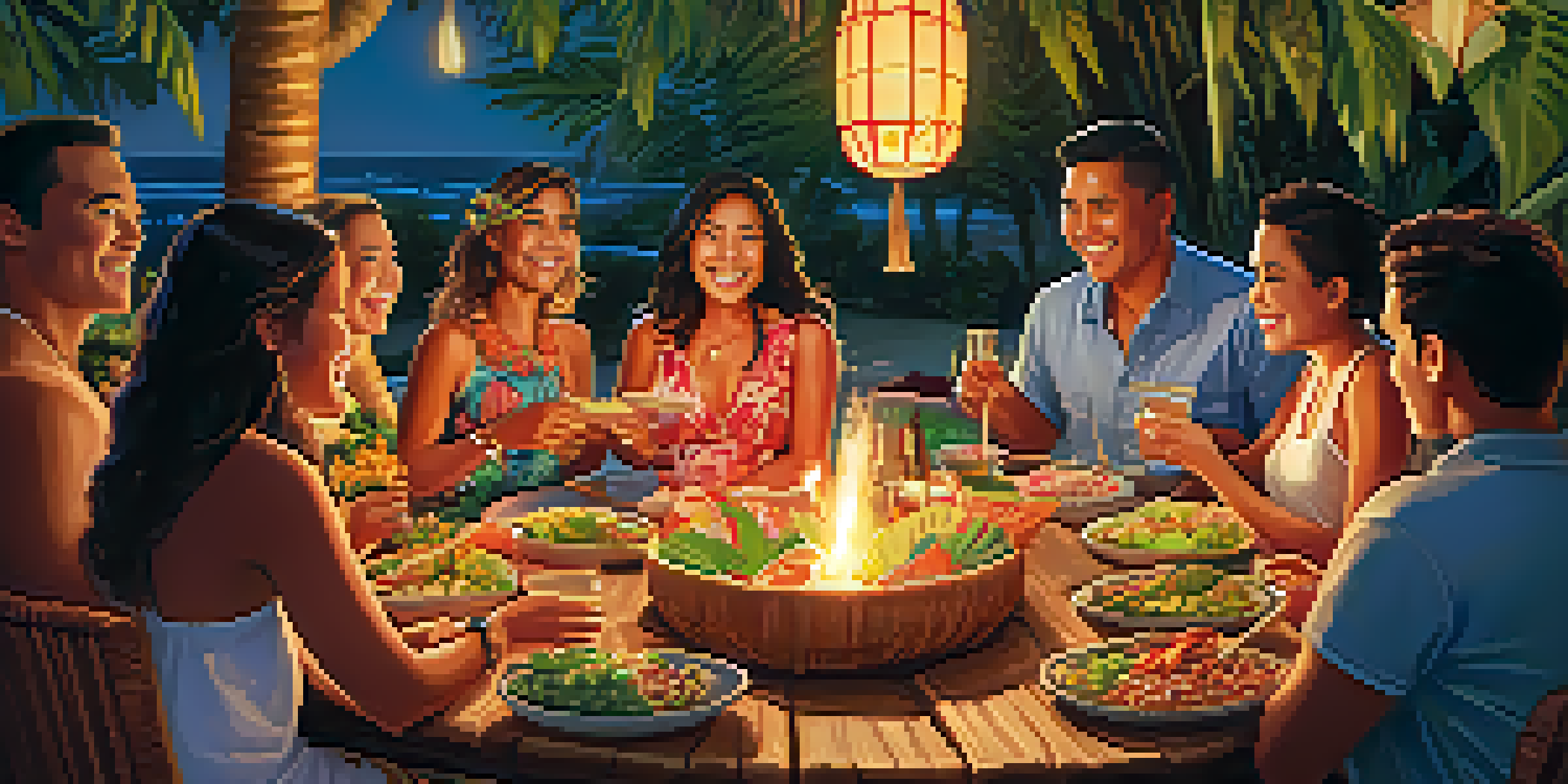 Families gathered at a Hawaiian luau feast with traditional dishes, surrounded by tropical plants and tiki torches, creating a warm and joyful atmosphere.