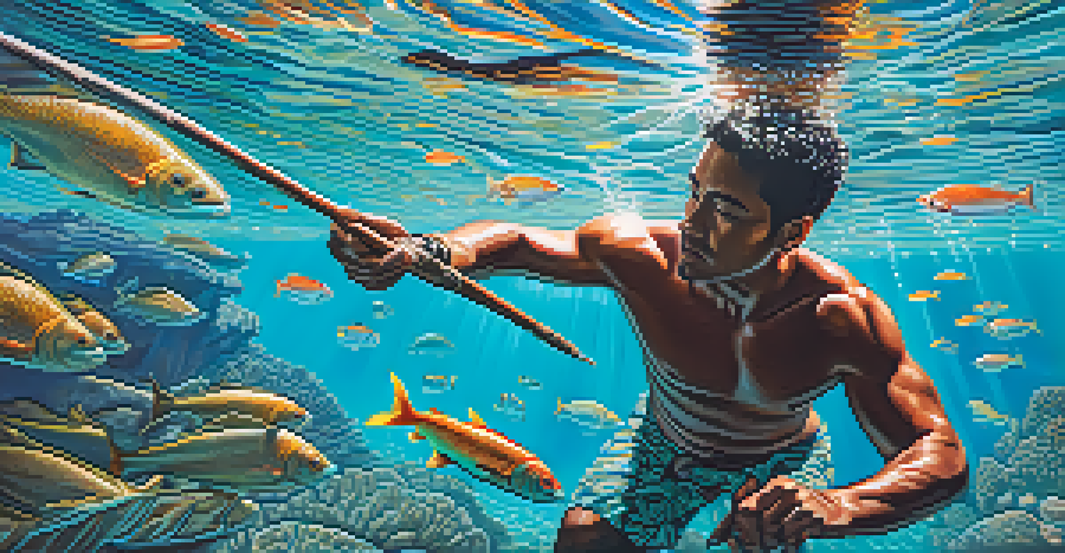 A close-up of a Hawaiian fisherman practicing spear fishing underwater, surrounded by vibrant coral and fish, with sunlight filtering through the clear water.