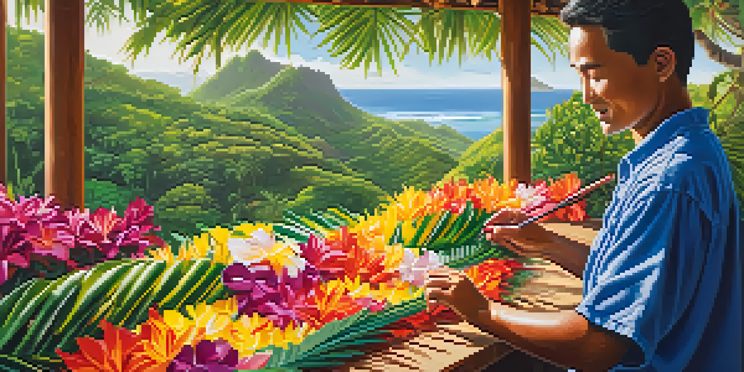A person making a lei from colorful flowers in a lush, green environment with Hawaiian architecture in the background.