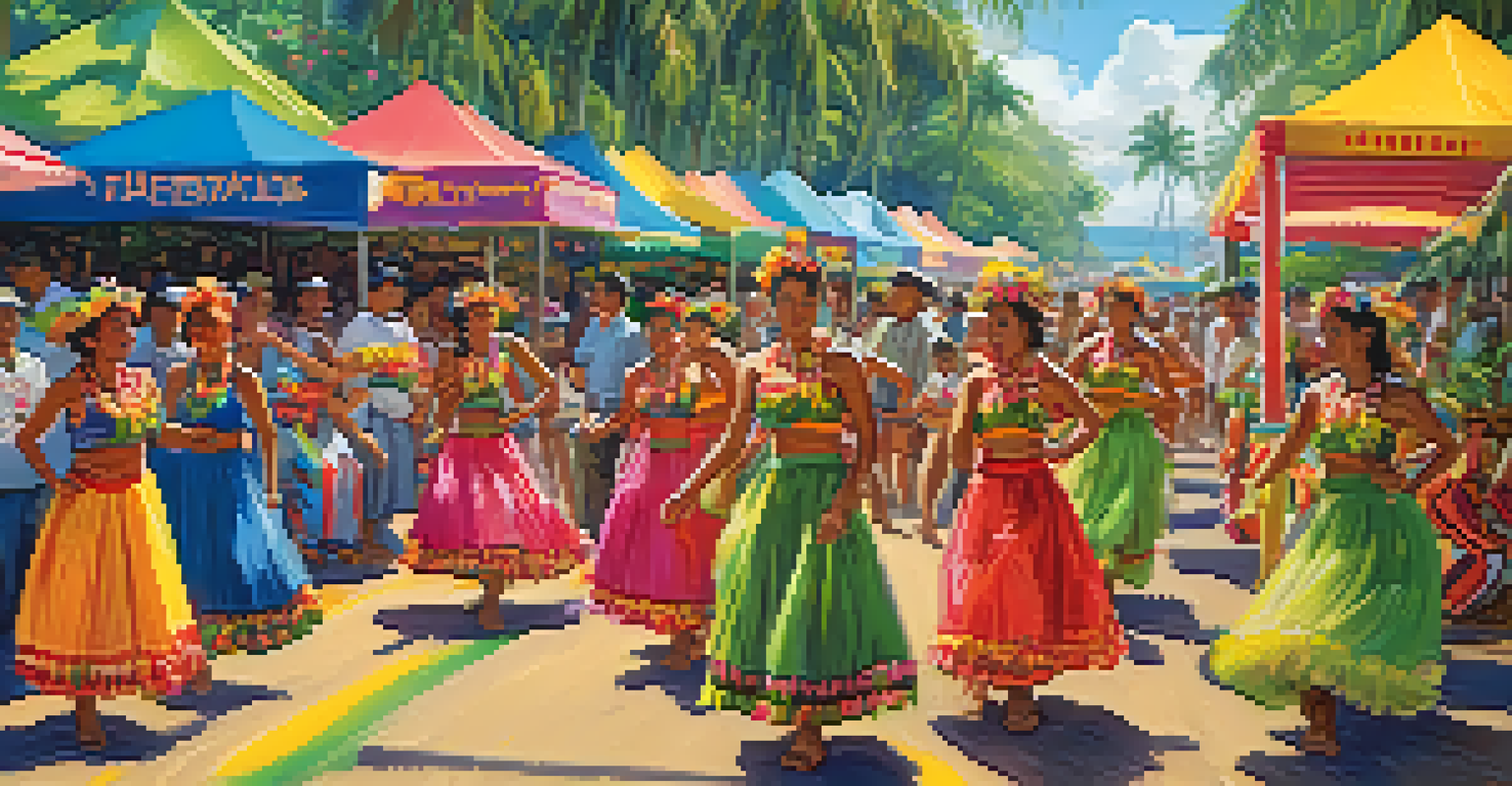 A lively cultural festival in Hawaii celebrating sugarcane, featuring dancers and food stalls.