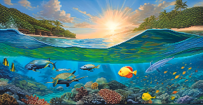 An underwater view of colorful coral reefs with various fish and a sea turtle, illuminated by sunlight.