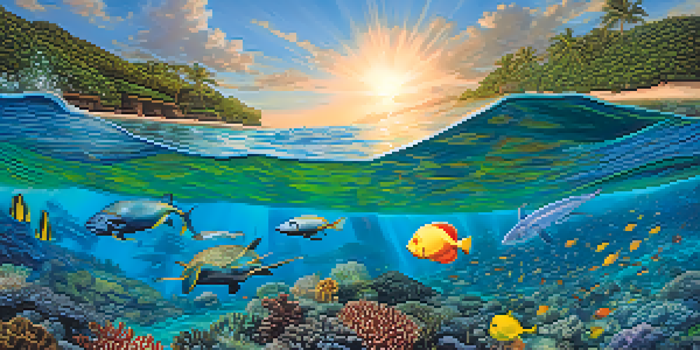 An underwater view of colorful coral reefs with various fish and a sea turtle, illuminated by sunlight.