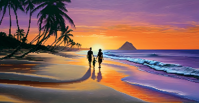 A couple walking on a beach in Honolulu at sunset with palm trees and colorful sky.
