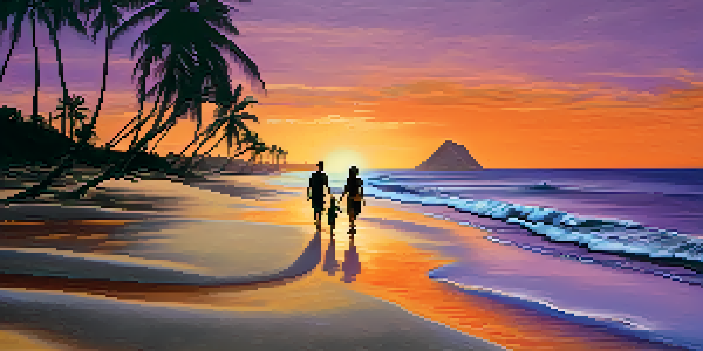 A couple walking on a beach in Honolulu at sunset with palm trees and colorful sky.