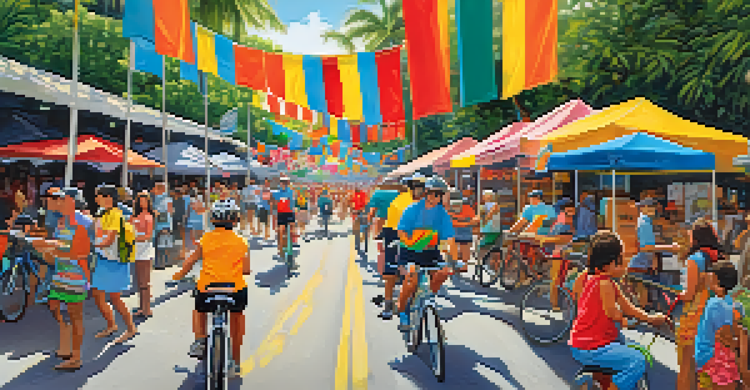 A community biking event in Honolulu, featuring participants riding together, colorful banners, and local vendors, creating a festive atmosphere.