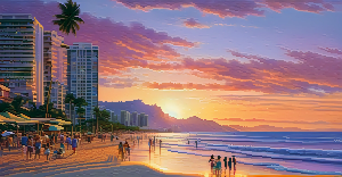 A colorful sunset over Waikiki Beach, featuring families enjoying the beach with sandcastles and palm trees.