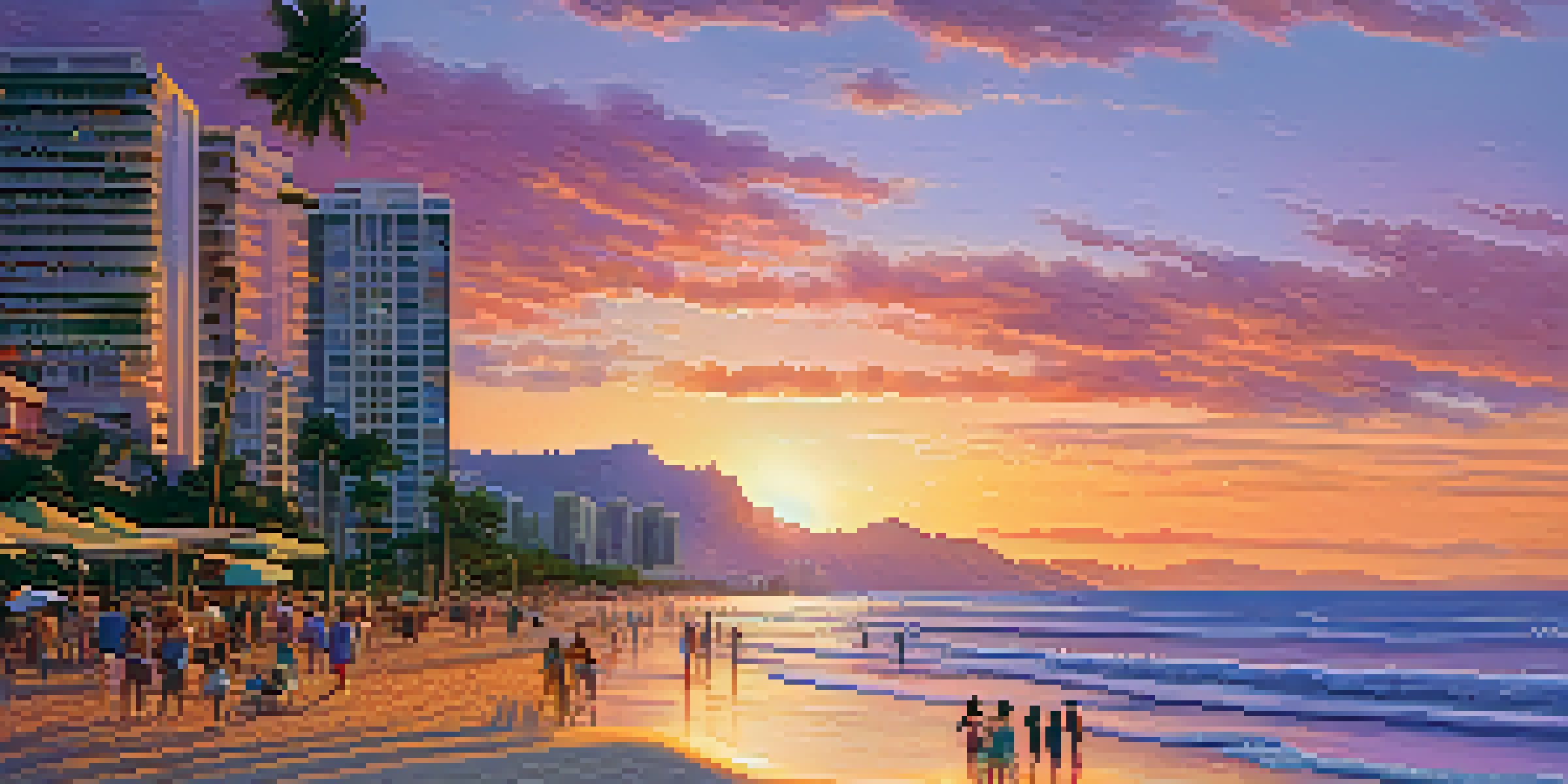 A colorful sunset over Waikiki Beach, featuring families enjoying the beach with sandcastles and palm trees.