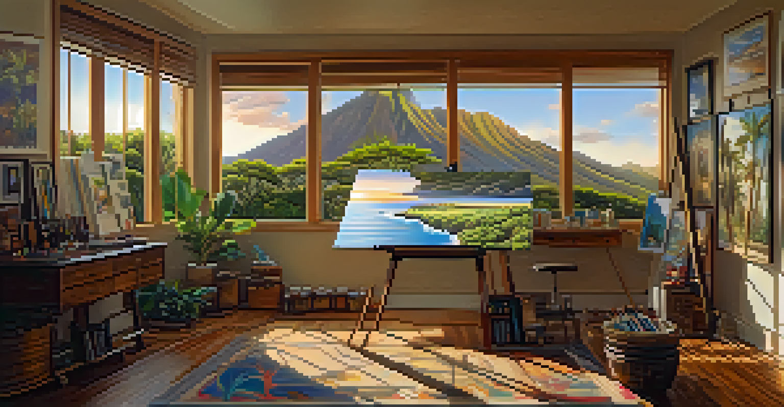An artist's studio in Honolulu showcasing a canvas of a Hawaiian sunset, surrounded by art supplies and bathed in natural light from large windows.